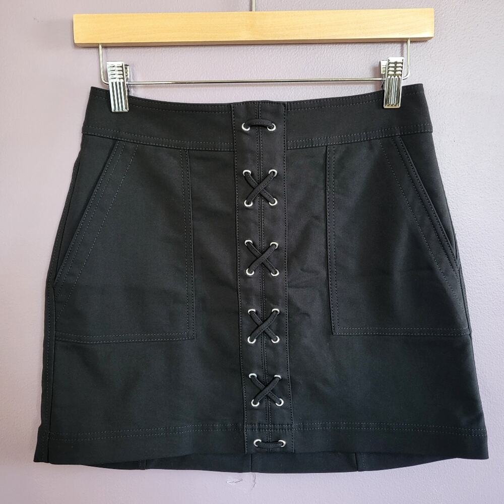 Express Black Lace Up Goth Office Siren Cotton-Poly Blend Stretch Mini Skirt